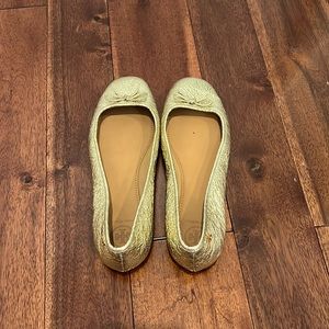 TORY BURCH Laila Metallic Gold Leather Driver Ballerina Flats Bow Accent - US 7